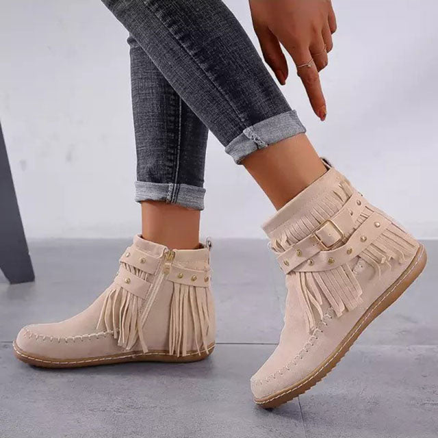 Amelia | Women's Suede Fringe Flat Ankle Boots