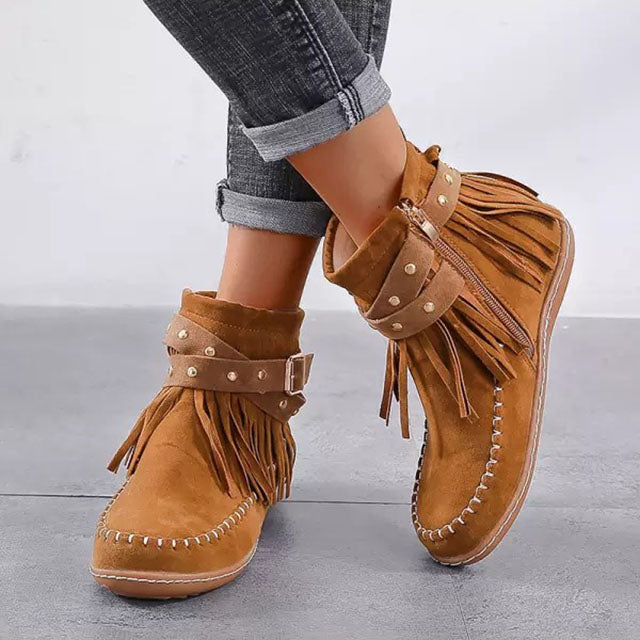 Amelia | Women's Suede Fringe Flat Ankle Boots